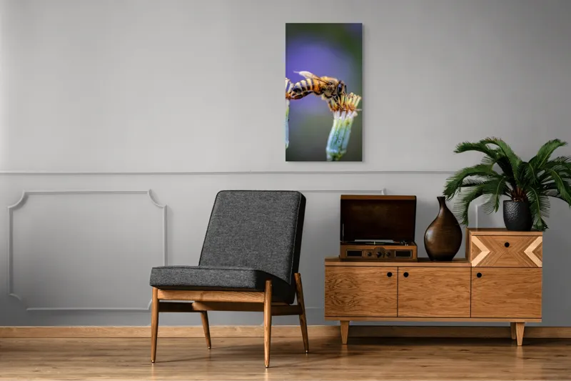 Tablou Canvas, "Albina lucrătoare pe floare delicată", Albină, Polen, Flori, Natural, Fragilitate, Echilibru, Natură, Violet, Verde, Antene, Aripi, 50 x 90 cm – poza 8