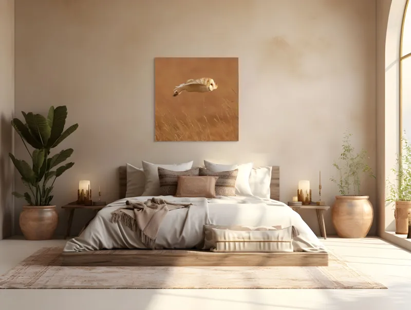 Tablou Canvas, "Bufnița în zbor de seară liniștită", Bufniță, Zbor, Câmpie, Vânătoare, Timp, Natură, Liniște, Eleganță, 100 x 100 cm – poza 4