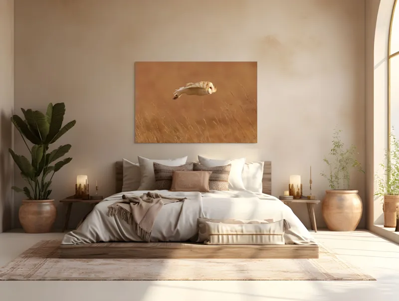 Tablou Canvas, "Bufnița în zbor de seară liniștită", Bufniță, Zbor, Câmpie, Vânătoare, Timp, Natură, Liniște, Eleganță, 150 x 100 cm – poza 4