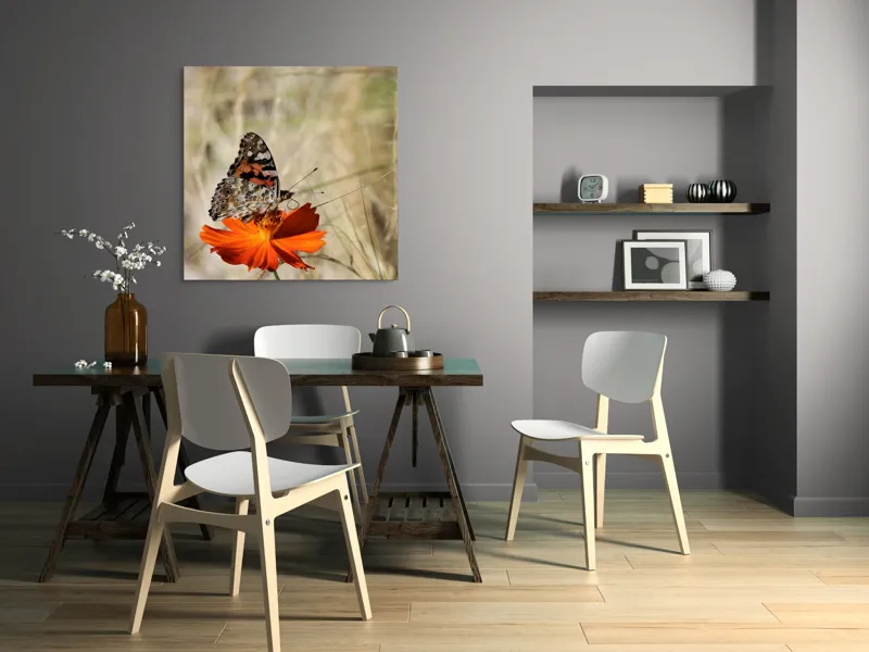 Tablou Canvas, "Fluture delicat pe floare portocalie", Fluture, Petale, Portocaliu, Fragil, Aripi, Natură, Frumusețe, Delicat, Lumină, Eleganță, 100 x 100 cm – poza 6