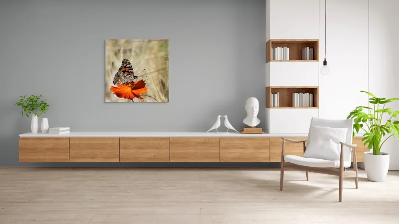 Tablou Canvas, "Fluture delicat pe floare portocalie", Fluture, Petale, Portocaliu, Fragil, Aripi, Natură, Frumusețe, Delicat, Lumină, Eleganță, 100 x 100 cm – poza 8