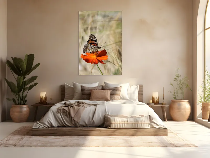 Tablou Canvas, "Fluture delicat pe floare portocalie", Fluture, Petale, Portocaliu, Fragil, Aripi, Natură, Frumusețe, Delicat, Lumină, Eleganță, 100 x 150 cm – poza 3