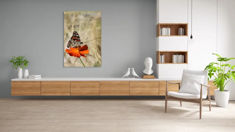 Tablou Canvas, "Fluture delicat pe floare portocalie", Fluture, Petale, Portocaliu, Fragil, Aripi, Natură, Frumusețe, Delicat, Lumină, Eleganță, 100 x 150 cm – poza 8