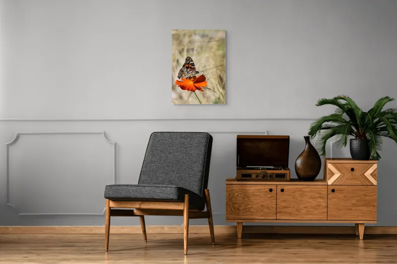 Tablou Canvas, "Fluture delicat pe floare portocalie", Fluture, Petale, Portocaliu, Fragil, Aripi, Natură, Frumusețe, Delicat, Lumină, Eleganță, 50 x 70 cm – poza 8