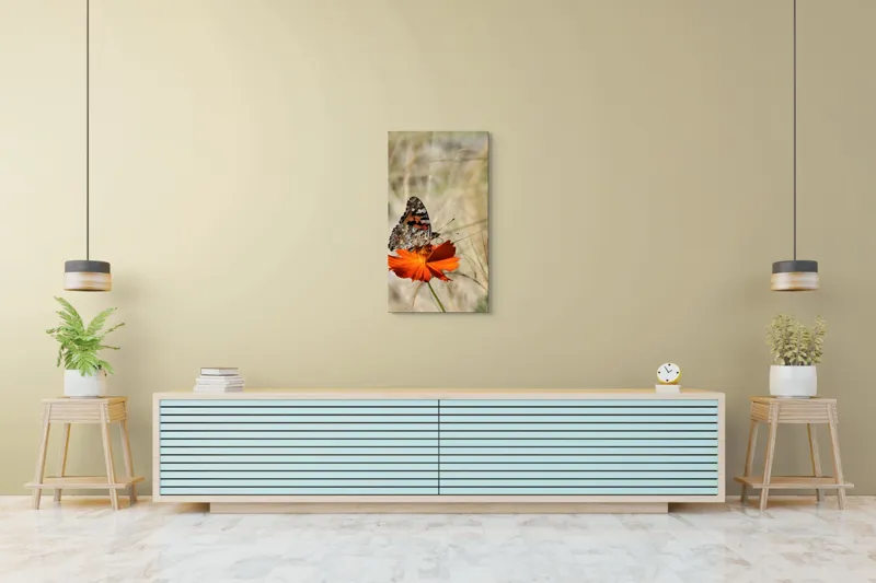 Tablou Canvas, "Fluture delicat pe floare portocalie", Fluture, Petale, Portocaliu, Fragil, Aripi, Natură, Frumusețe, Delicat, Lumină, Eleganță, 50 x 90 cm – poza 6