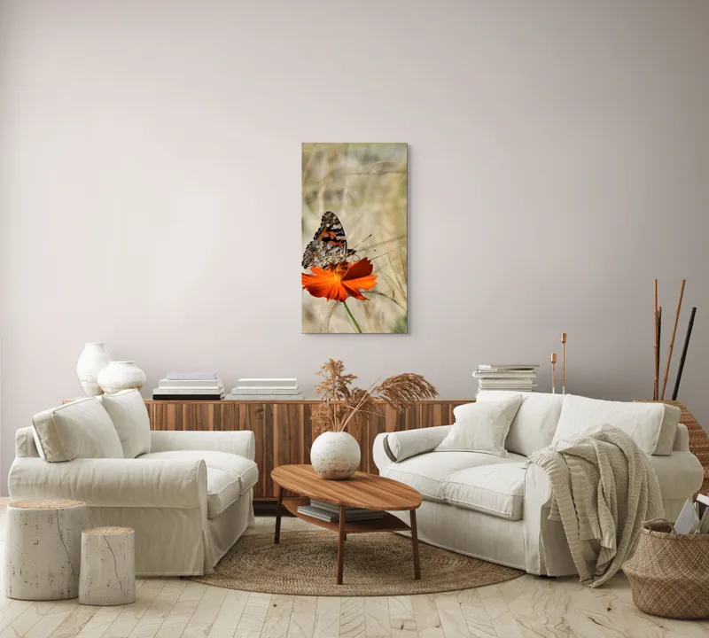 Tablou Canvas, "Fluture delicat pe floare portocalie", Fluture, Petale, Portocaliu, Fragil, Aripi, Natură, Frumusețe, Delicat, Lumină, Eleganță, 50 x 90 cm – poza 7