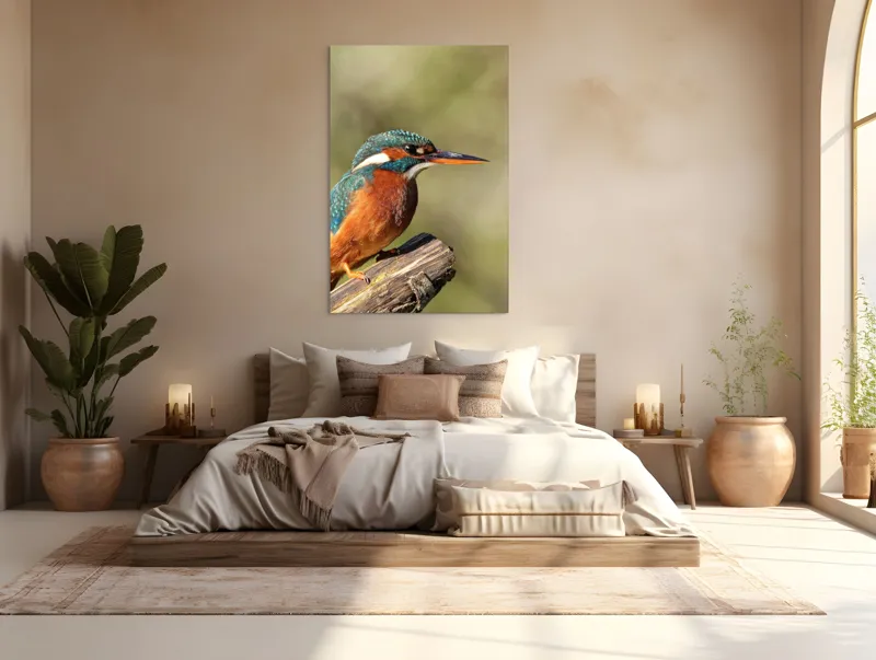 Tablou Canvas, "Pescarus albastru pe ramura toamnei", Pasăre, Albastră, Portocalie, Cioc Ascuțit, Pe Ramură, Plină De Viață, Natură, Frumusețe, Penaj Lucios, 100 x 150 cm – poza 3