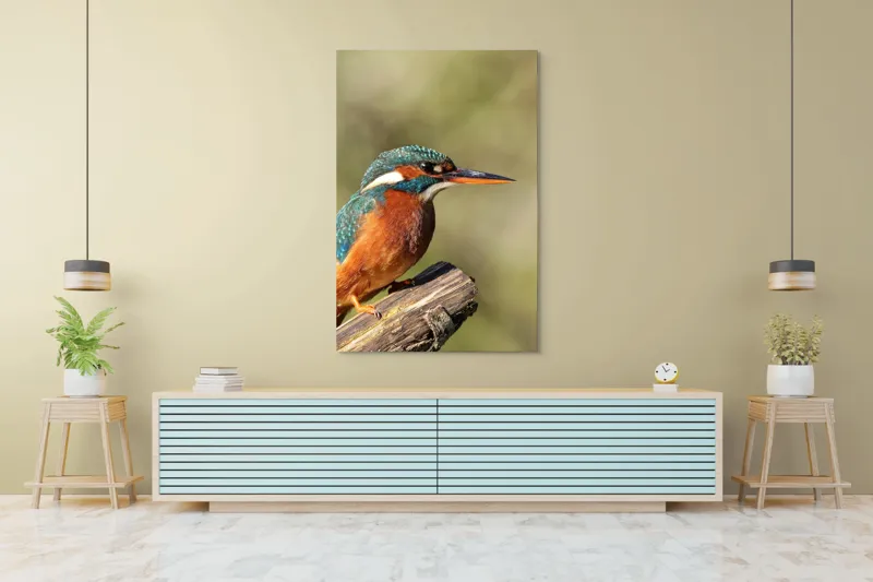 Tablou Canvas, "Pescarus albastru pe ramura toamnei", Pasăre, Albastră, Portocalie, Cioc Ascuțit, Pe Ramură, Plină De Viață, Natură, Frumusețe, Penaj Lucios, 100 x 150 cm – poza 4