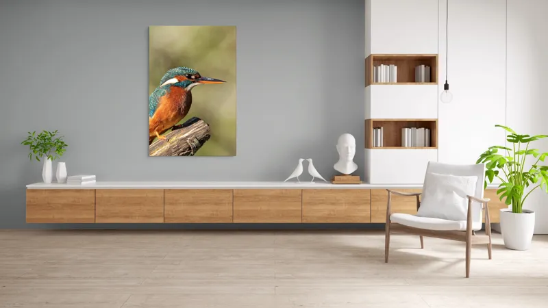 Tablou Canvas, "Pescarus albastru pe ramura toamnei", Pasăre, Albastră, Portocalie, Cioc Ascuțit, Pe Ramură, Plină De Viață, Natură, Frumusețe, Penaj Lucios, 100 x 150 cm – poza 8