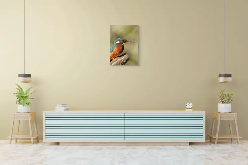 Tablou Canvas, "Pescarus albastru pe ramura toamnei", Pasăre, Albastră, Portocalie, Cioc Ascuțit, Pe Ramură, Plină De Viață, Natură, Frumusețe, Penaj Lucios, 50 x 70 cm – poza 6