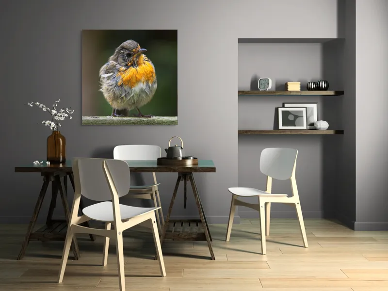 Tablou Canvas, "Puiul de pasăre cu pene zburlite", Pufos, Portocaliu, Fragil, Gingaș, Cald, Curios, Atent, 100 x 100 cm – poza 6