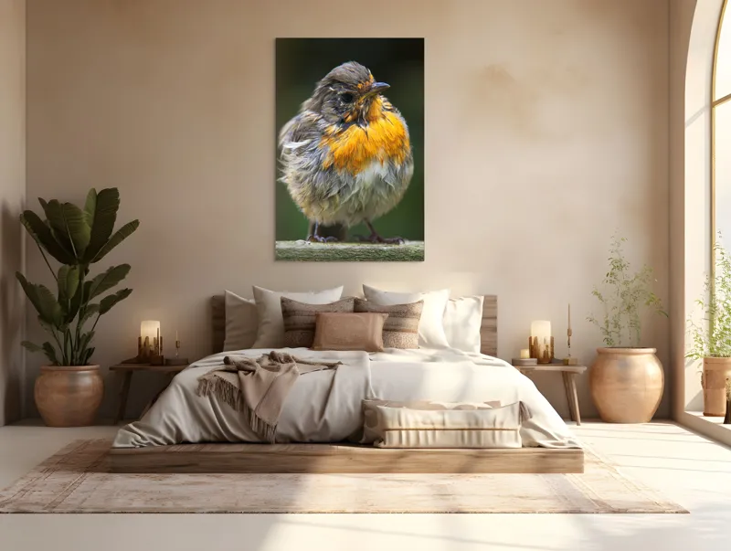 Tablou Canvas, "Puiul de pasăre cu pene zburlite", Pufos, Portocaliu, Fragil, Gingaș, Cald, Curios, Atent, 100 x 150 cm – poza 3
