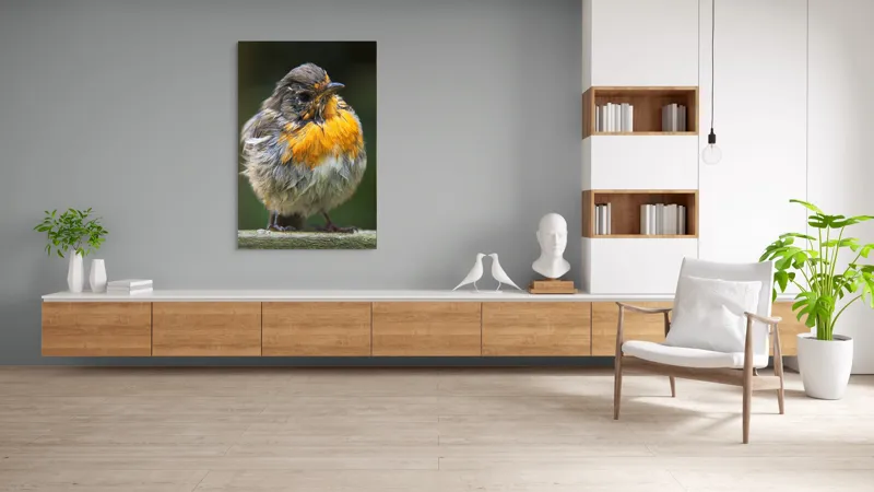 Tablou Canvas, "Puiul de pasăre cu pene zburlite", Pufos, Portocaliu, Fragil, Gingaș, Cald, Curios, Atent, 100 x 150 cm – poza 8