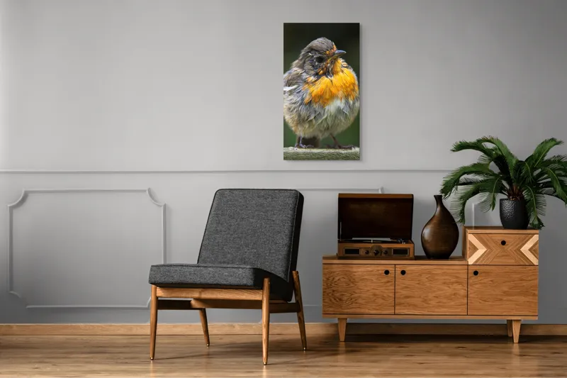 Tablou Canvas, "Puiul de pasăre cu pene zburlite", Pufos, Portocaliu, Fragil, Gingaș, Cald, Curios, Atent, 50 x 90 cm – poza 8