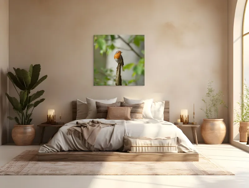 Tablou Canvas, "Pițigoiul în așteptarea primăverii", Păsărică, Ramură, Plante, Verde, Penaj, Delicatețe, Frumusețe, Natural, Calm, Echilibru, 100 x 100 cm – poza 4