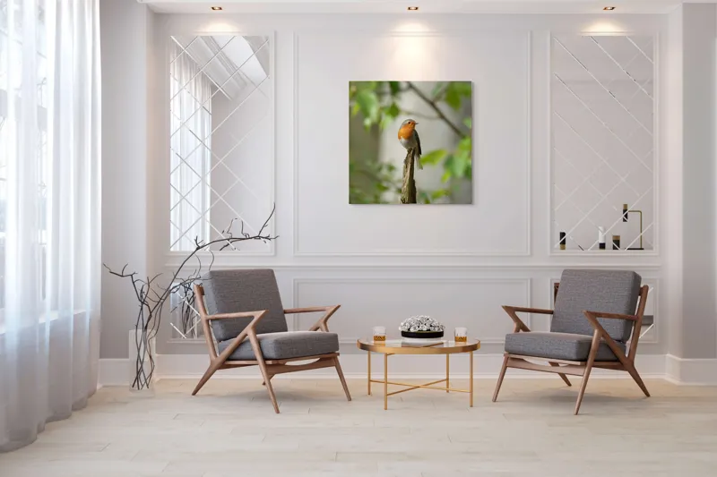 Tablou Canvas, "Pițigoiul în așteptarea primăverii", Păsărică, Ramură, Plante, Verde, Penaj, Delicatețe, Frumusețe, Natural, Calm, Echilibru, 100 x 100 cm – poza 7