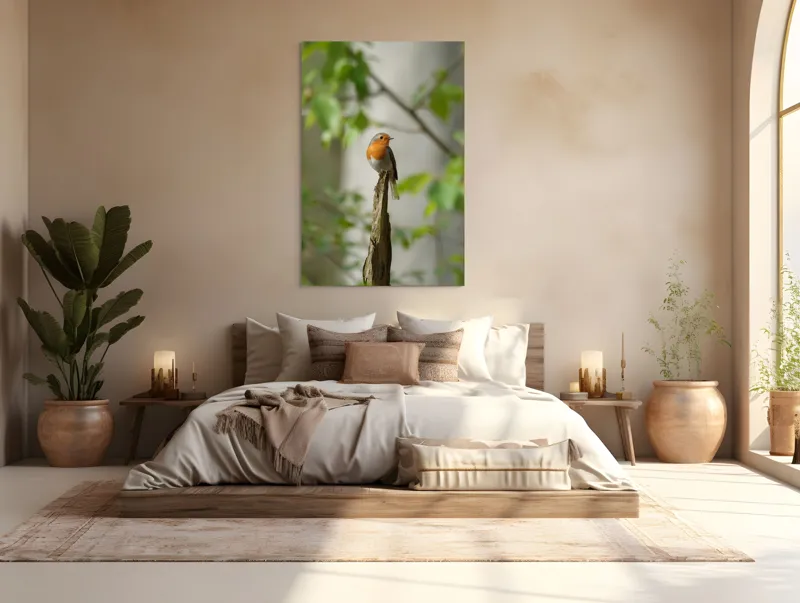 Tablou Canvas, "Pițigoiul în așteptarea primăverii", Păsărică, Ramură, Plante, Verde, Penaj, Delicatețe, Frumusețe, Natural, Calm, Echilibru, 100 x 150 cm – poza 3