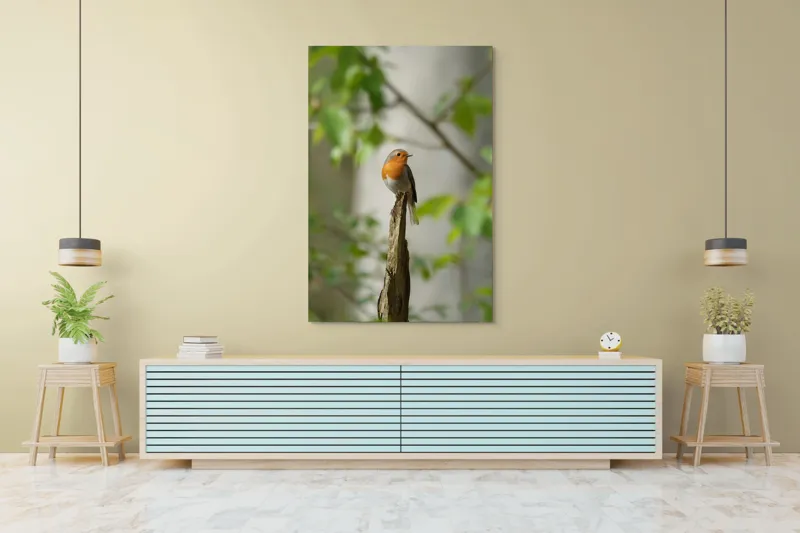 Tablou Canvas, "Pițigoiul în așteptarea primăverii", Păsărică, Ramură, Plante, Verde, Penaj, Delicatețe, Frumusețe, Natural, Calm, Echilibru, 100 x 150 cm – poza 4