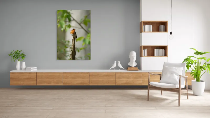 Tablou Canvas, "Pițigoiul în așteptarea primăverii", Păsărică, Ramură, Plante, Verde, Penaj, Delicatețe, Frumusețe, Natural, Calm, Echilibru, 100 x 150 cm – poza 8