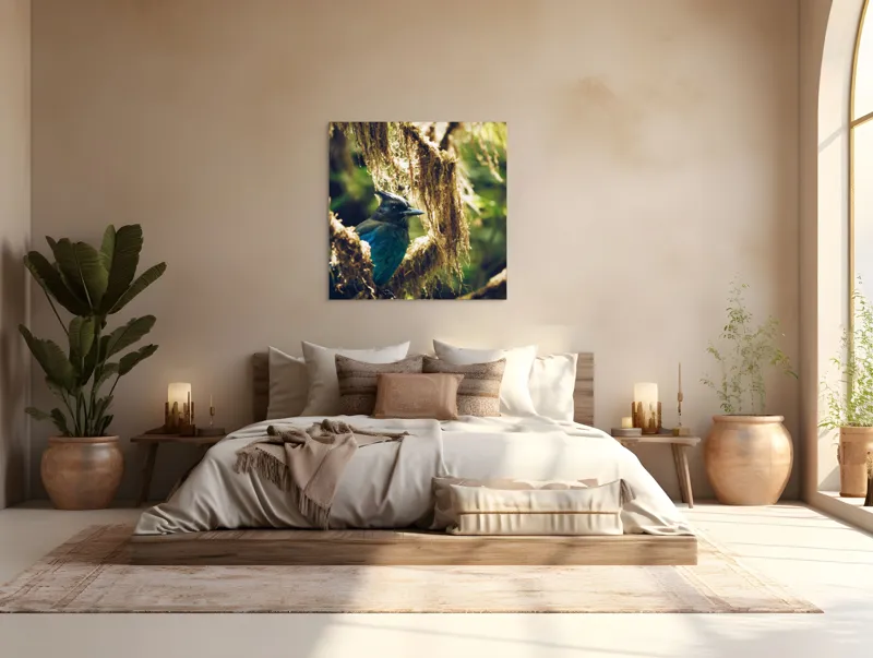 Tablou Canvas, "Pasărea enigmatică în pădurea de mușchi.", Păsăre, Pene, Albastru, Copac, Mușchi, Natură, Lumină, Umbre, Habitat, Frunziș, 100 x 100 cm – poza 4