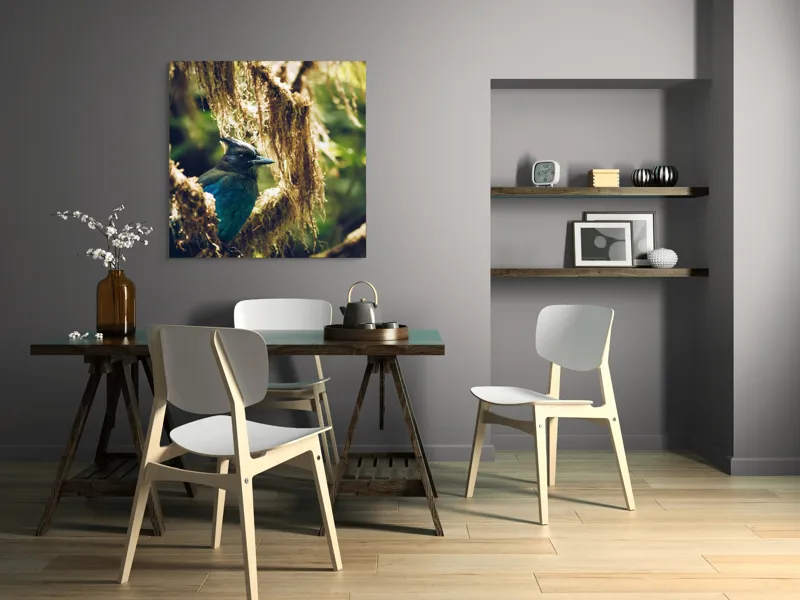 Tablou Canvas, "Pasărea enigmatică în pădurea de mușchi.", Păsăre, Pene, Albastru, Copac, Mușchi, Natură, Lumină, Umbre, Habitat, Frunziș, 100 x 100 cm – poza 6