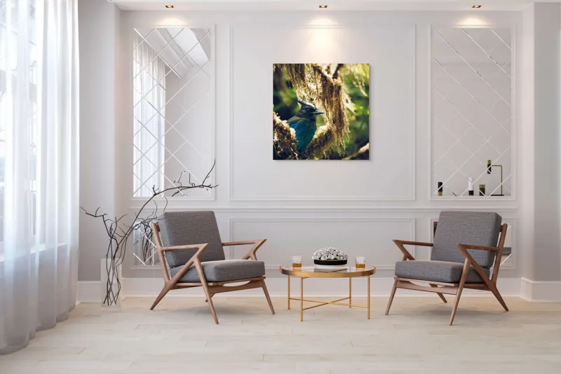 Tablou Canvas, "Pasărea enigmatică în pădurea de mușchi.", Păsăre, Pene, Albastru, Copac, Mușchi, Natură, Lumină, Umbre, Habitat, Frunziș, 100 x 100 cm – poza 7