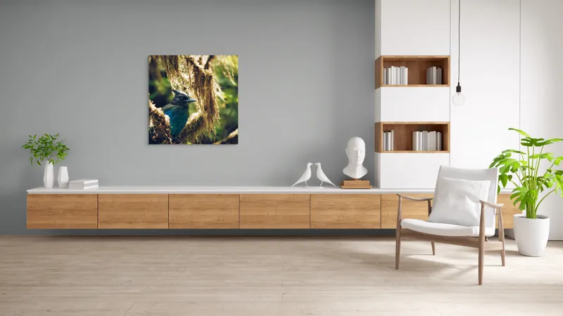 Tablou Canvas, "Pasărea enigmatică în pădurea de mușchi.", Păsăre, Pene, Albastru, Copac, Mușchi, Natură, Lumină, Umbre, Habitat, Frunziș, 100 x 100 cm – poza 8