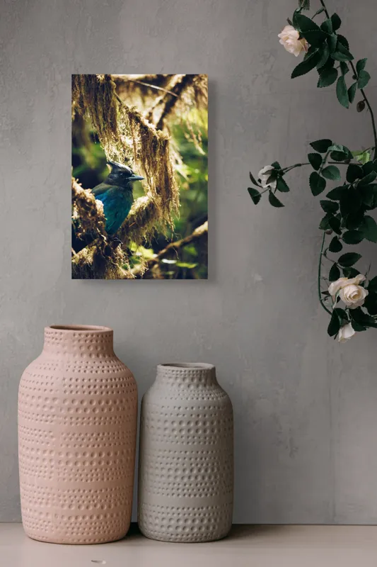 Tablou Canvas, "Pasărea enigmatică în pădurea de mușchi.", Păsăre, Pene, Albastru, Copac, Mușchi, Natură, Lumină, Umbre, Habitat, Frunziș, 26 x 39 cm – poza 6