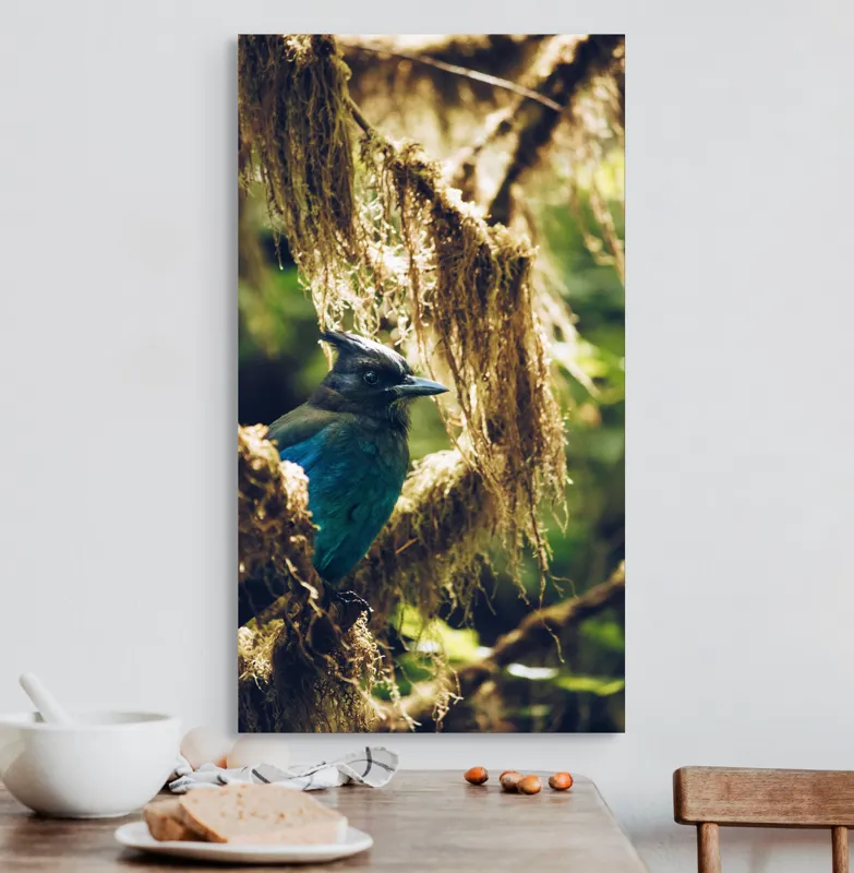 Tablou Canvas, "Pasărea enigmatică în pădurea de mușchi.", Păsăre, Pene, Albastru, Copac, Mușchi, Natură, Lumină, Umbre, Habitat, Frunziș, 50 x 90 cm – poza 3