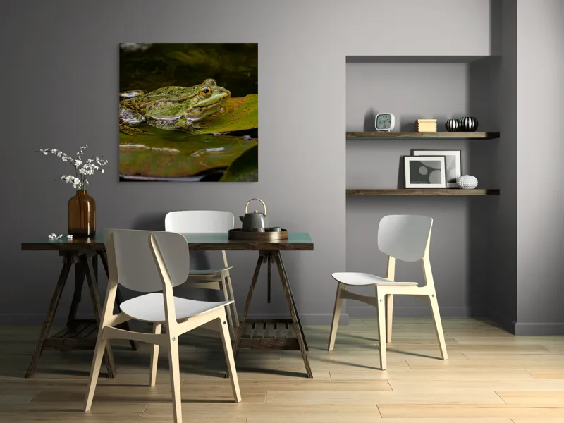 Tablou Canvas, "Broasca odihnindu-se pe o frunză", Broască, Apă, Frunză, Ochi, Natură, Verde, Reflecție, Piele, Habitat, Calm., 100 x 100 cm – poza 6