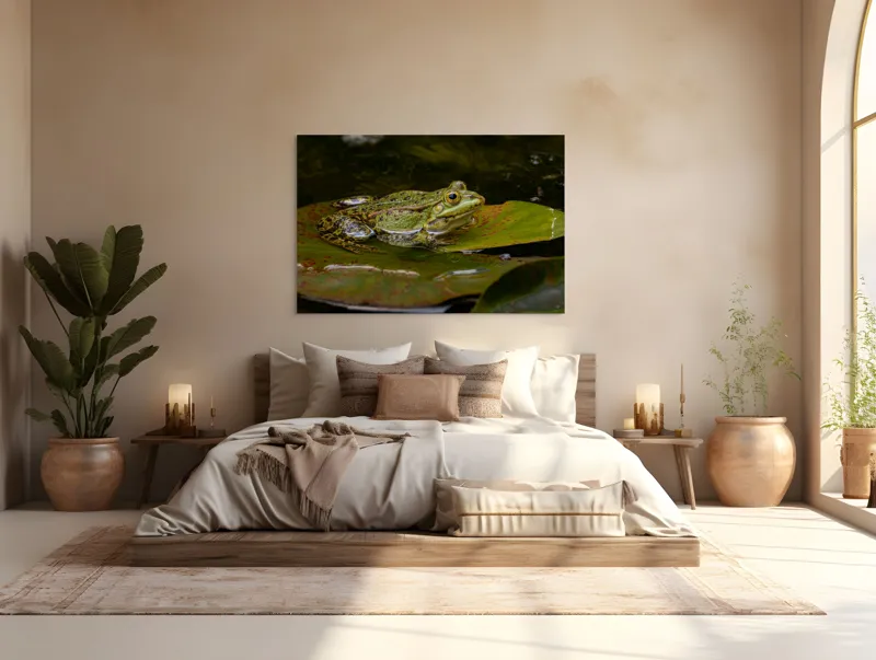 Tablou Canvas, "Broasca odihnindu-se pe o frunză", Broască, Apă, Frunză, Ochi, Natură, Verde, Reflecție, Piele, Habitat, Calm., 150 x 100 cm – poza 4