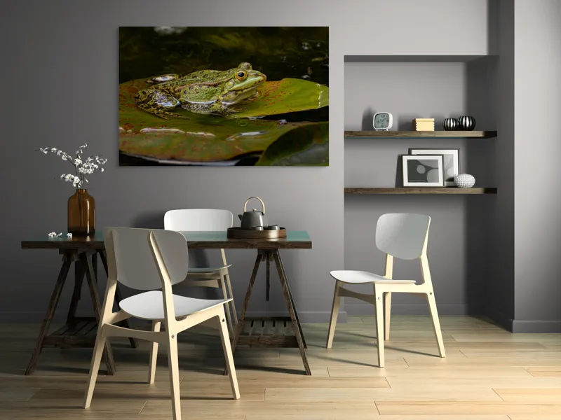 Tablou Canvas, "Broasca odihnindu-se pe o frunză", Broască, Apă, Frunză, Ochi, Natură, Verde, Reflecție, Piele, Habitat, Calm., 150 x 100 cm – poza 5