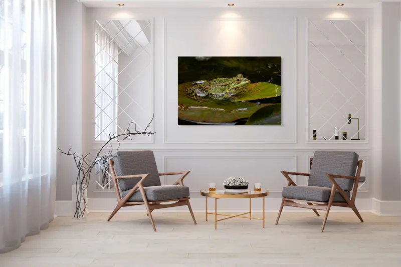 Tablou Canvas, "Broasca odihnindu-se pe o frunză", Broască, Apă, Frunză, Ochi, Natură, Verde, Reflecție, Piele, Habitat, Calm., 150 x 100 cm – poza 7