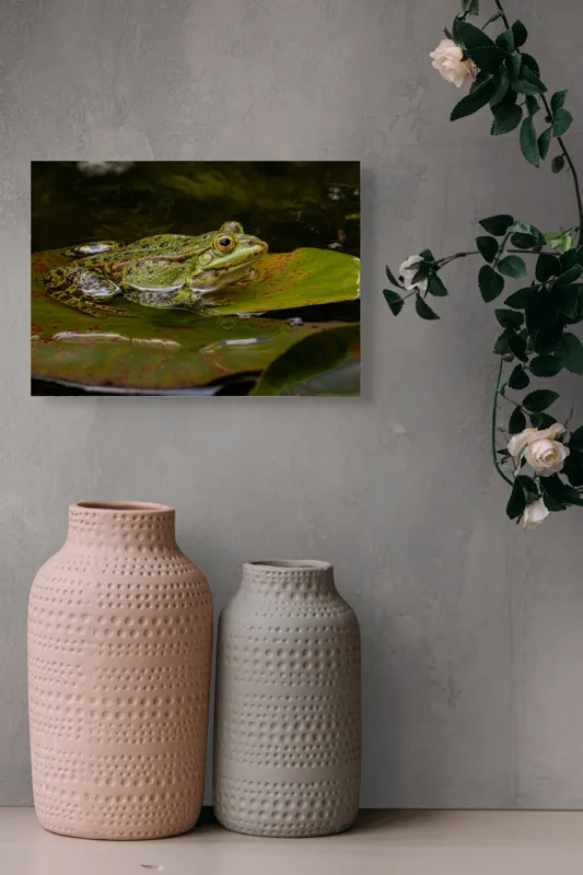 Tablou Canvas, "Broasca odihnindu-se pe o frunză", Broască, Apă, Frunză, Ochi, Natură, Verde, Reflecție, Piele, Habitat, Calm., 54 x 39 cm – poza 8