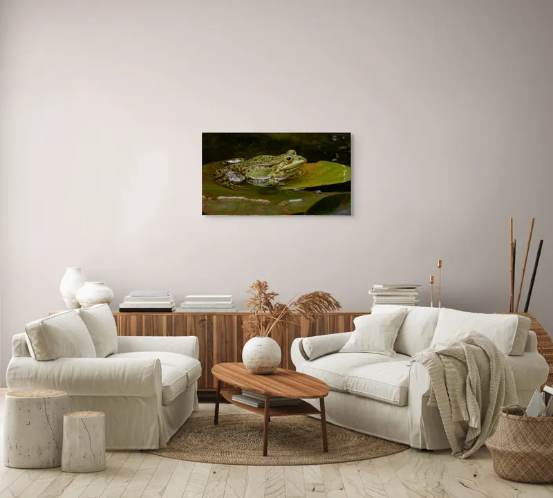 Tablou Canvas, "Broasca odihnindu-se pe o frunză", Broască, Apă, Frunză, Ochi, Natură, Verde, Reflecție, Piele, Habitat, Calm., 90 x 50 cm – poza 4