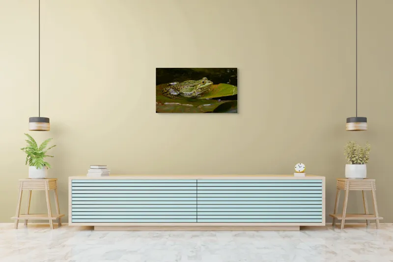 Tablou Canvas, "Broasca odihnindu-se pe o frunză", Broască, Apă, Frunză, Ochi, Natură, Verde, Reflecție, Piele, Habitat, Calm., 90 x 50 cm – poza 5