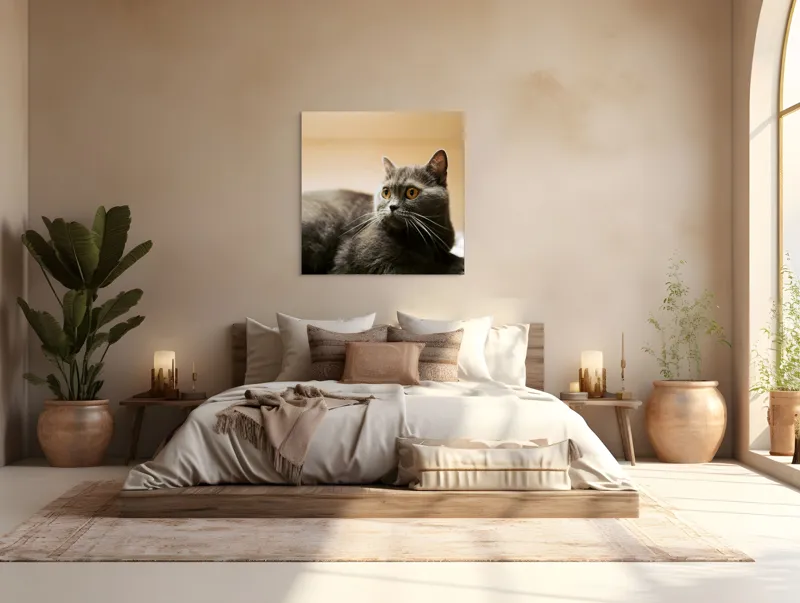 Tablou Canvas, "Pisica gri cu ochi ageri", Pisică, Gri, Privire, Blândă, Relaxată, Obraznică, Blană, Cedelă, Urechi, Ascuțite, 100 x 100 cm – poza 4