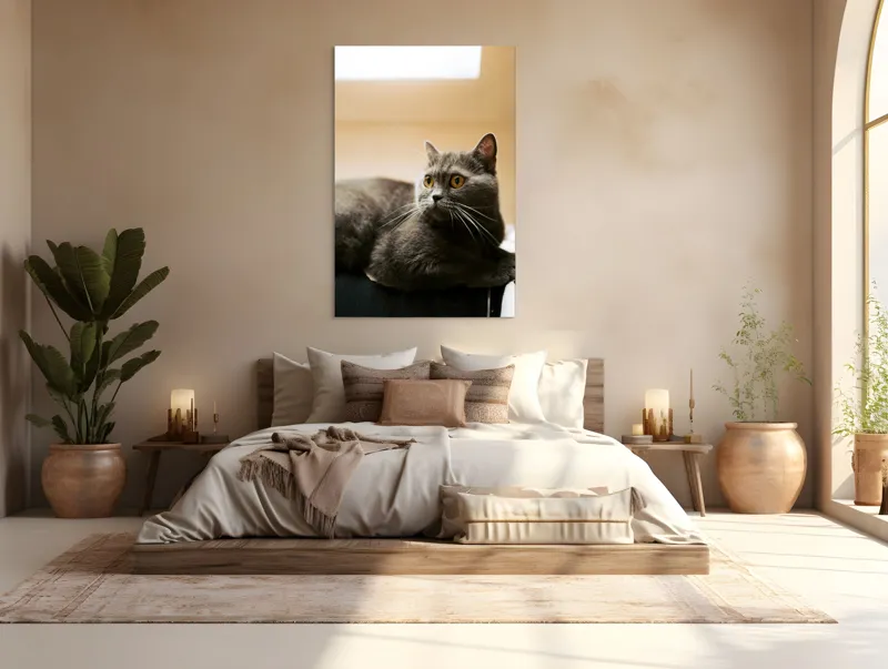 Tablou Canvas, "Pisica gri cu ochi ageri", Pisică, Gri, Privire, Blândă, Relaxată, Obraznică, Blană, Cedelă, Urechi, Ascuțite, 100 x 150 cm – poza 3