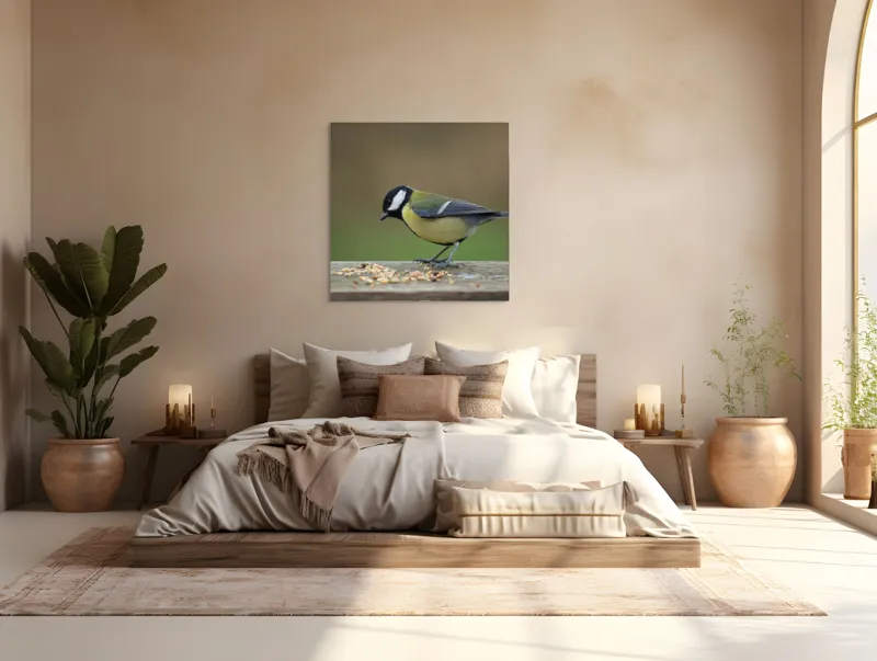 Tablou Canvas, "Mierla savurând semințe gustoase pe masă", Pasăre, Pițigoi, Penaj, Grăunțe, Masa, Natură, Verde, Negru, Alb, Galben, Lemn, Exterioară., 100 x 100 cm – poza 4
