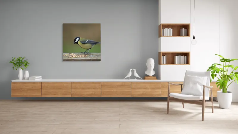 Tablou Canvas, "Mierla savurând semințe gustoase pe masă", Pasăre, Pițigoi, Penaj, Grăunțe, Masa, Natură, Verde, Negru, Alb, Galben, Lemn, Exterioară., 100 x 100 cm – poza 8