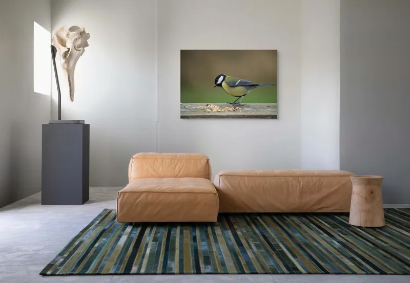 Tablou Canvas, "Mierla savurând semințe gustoase pe masă", Pasăre, Pițigoi, Penaj, Grăunțe, Masa, Natură, Verde, Negru, Alb, Galben, Lemn, Exterioară., 100 x 70 cm – poza 7