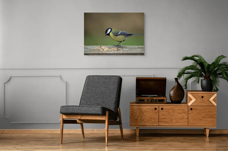 Tablou Canvas, "Mierla savurând semințe gustoase pe masă", Pasăre, Pițigoi, Penaj, Grăunțe, Masa, Natură, Verde, Negru, Alb, Galben, Lemn, Exterioară., 100 x 70 cm – poza 8