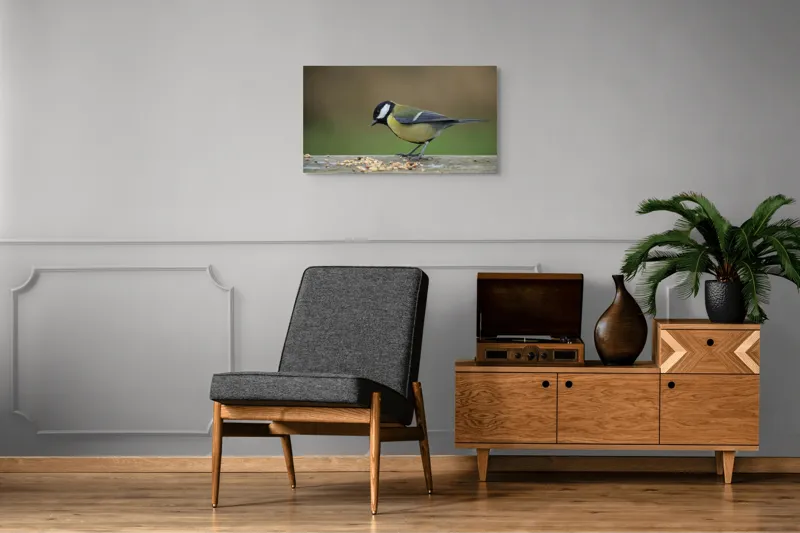 Tablou Canvas, "Mierla savurând semințe gustoase pe masă", Pasăre, Pițigoi, Penaj, Grăunțe, Masa, Natură, Verde, Negru, Alb, Galben, Lemn, Exterioară., 90 x 50 cm – poza 6