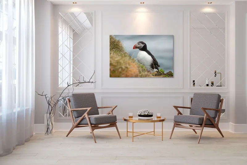 Tablou Canvas, "Papagal de mare pe stâncă verde", Pinguin, Iarbă, Clif, Ocean, Cioc, Aripi, Blană., 150 x 100 cm – poza 7