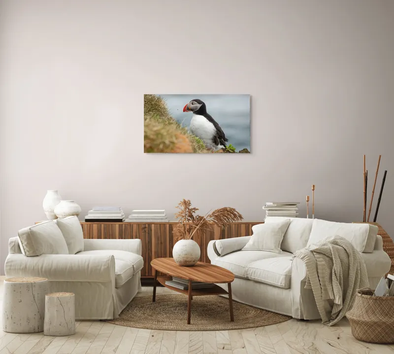Tablou Canvas, "Papagal de mare pe stâncă verde", Pinguin, Iarbă, Clif, Ocean, Cioc, Aripi, Blană., 90 x 50 cm – poza 4