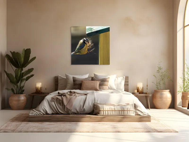 Tablou Canvas, "Pasărea își construiește cuibul perfect", Pene, Zbor, Cuib, Culori, Pasare, Constructie, Natura, Prindere, 100 x 100 cm – poza 4