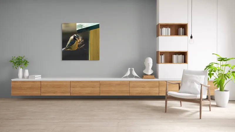 Tablou Canvas, "Pasărea își construiește cuibul perfect", Pene, Zbor, Cuib, Culori, Pasare, Constructie, Natura, Prindere, 100 x 100 cm – poza 8