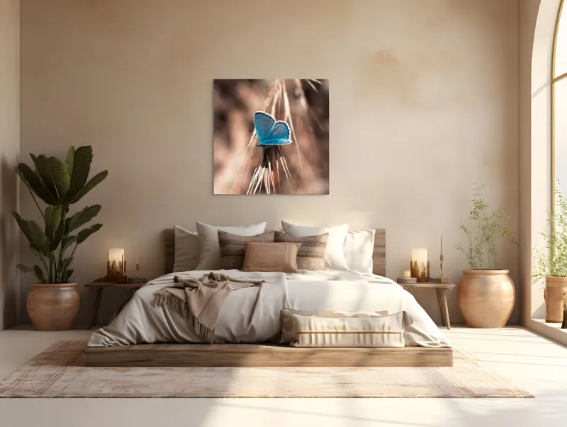 Tablou Canvas, "Albastrul unui fluture delicat", Fluture, Albastru, Fragil, Natură, Secară, Lumină, Contrast, Aripi, Delicatețe, Solitudine, 100 x 100 cm – poza 4