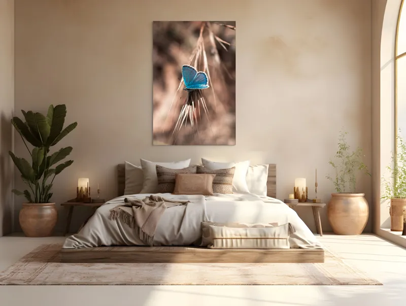 Tablou Canvas, "Albastrul unui fluture delicat", Fluture, Albastru, Fragil, Natură, Secară, Lumină, Contrast, Aripi, Delicatețe, Solitudine, 100 x 150 cm – poza 3