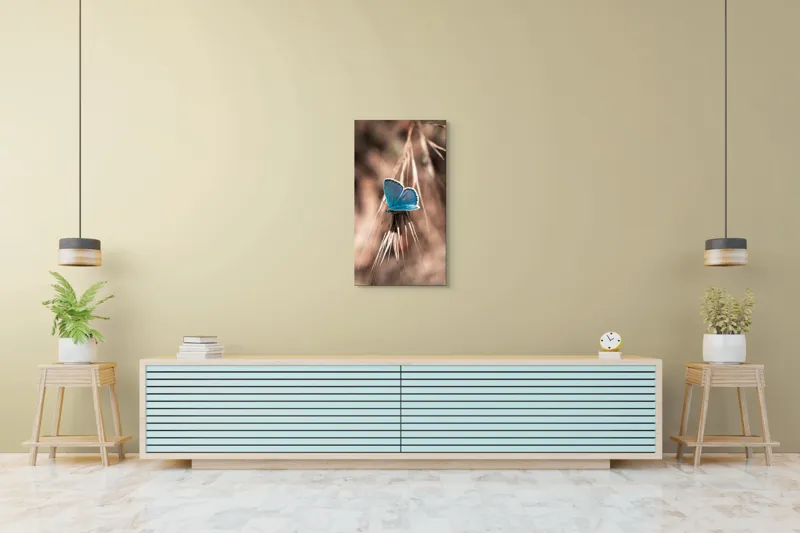 Tablou Canvas, "Albastrul unui fluture delicat", Fluture, Albastru, Fragil, Natură, Secară, Lumină, Contrast, Aripi, Delicatețe, Solitudine, 50 x 90 cm – poza 6